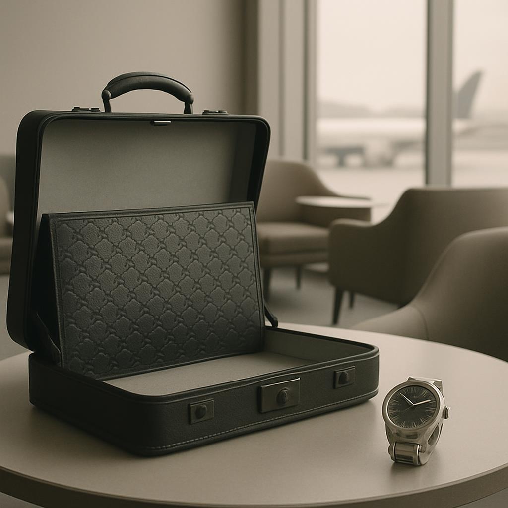 A photo of an opened black Gucci briefcase, hard-case, brown leather with Gucci embroidered pattern on the front, either o...