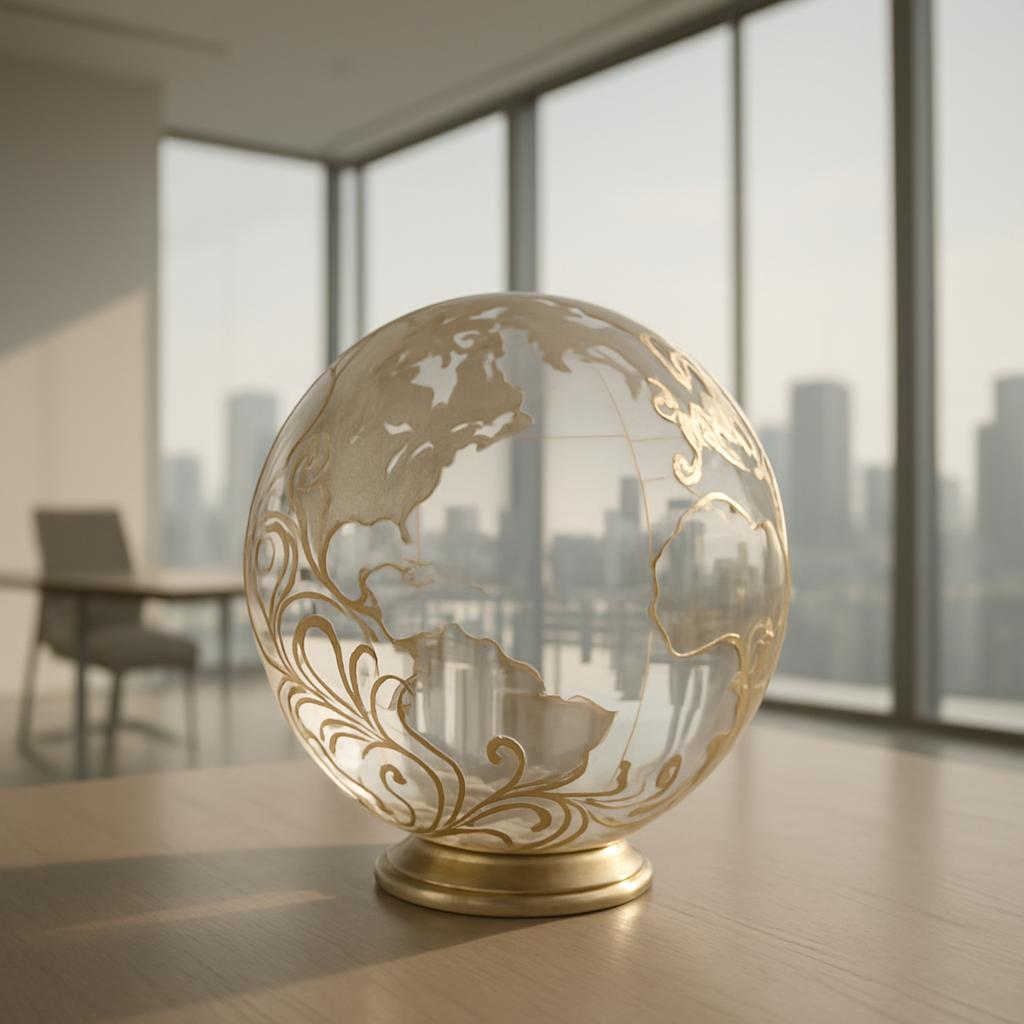 A large glass globe featuring a gold filigree design sits atop a tan wooden table in an empty office. A tan chair stands i...