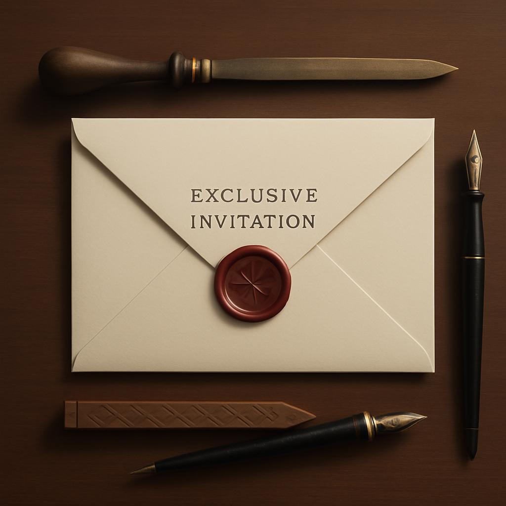 A beige invitation card with a red wax seal, surrounded by a knife, a fountain pen, and a stylus, set against a brown back...